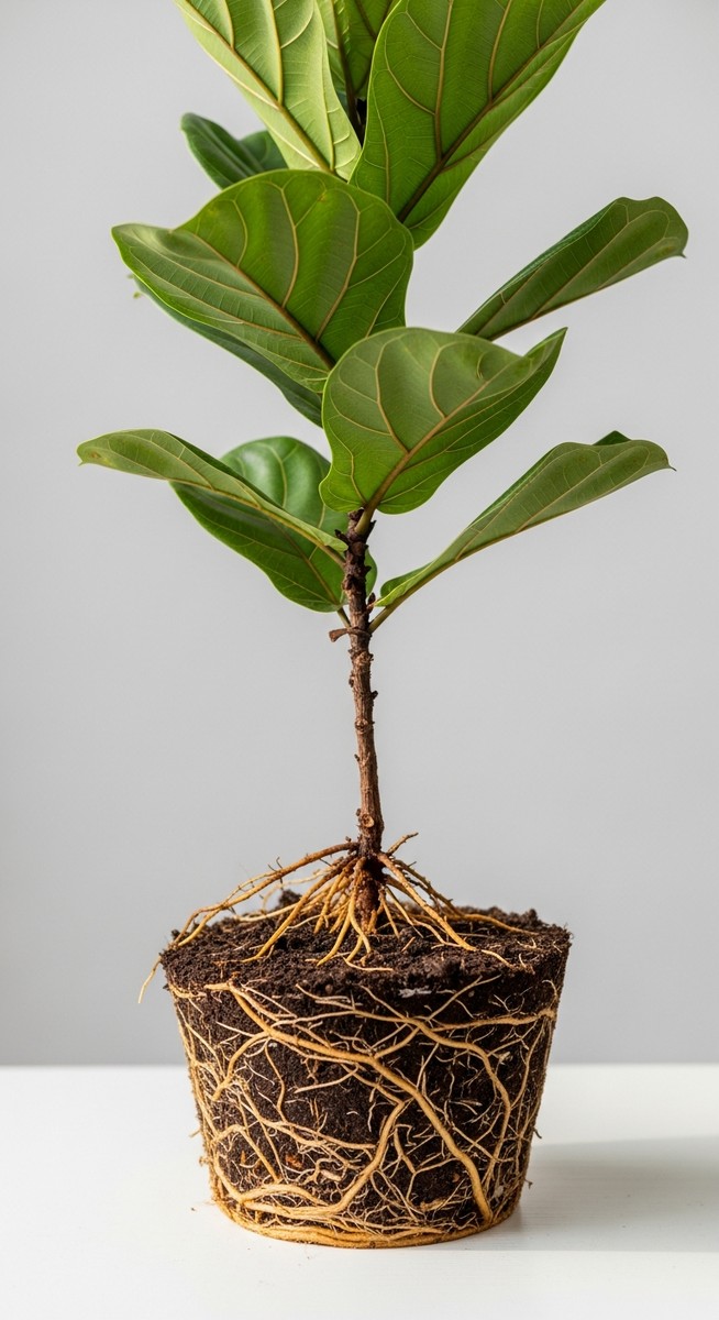 close-up of a fiddle leaf fig plant's root ball exposed after removing from its pot