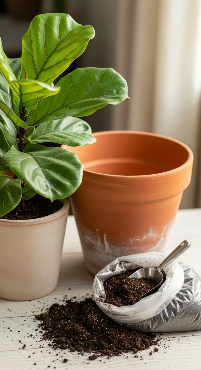a fiddle leaf fig plant next to a larger pot and fresh potting soil ready to repot, for best soil fiddle leaf fig