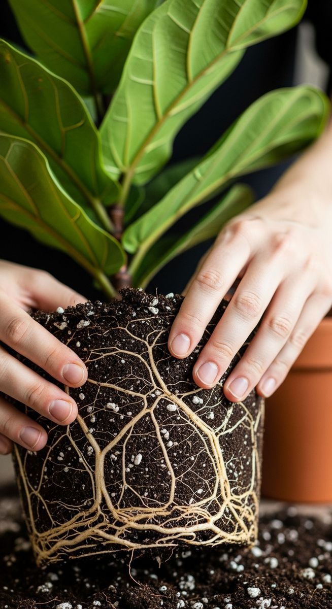 hands loosening compacted soil around a fiddle leaf fig root ball