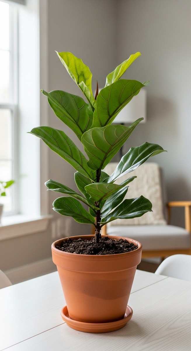 a freshly repotted fiddle leaf fig plant in a new pot with fresh soil, for best soil fiddle leaf fig