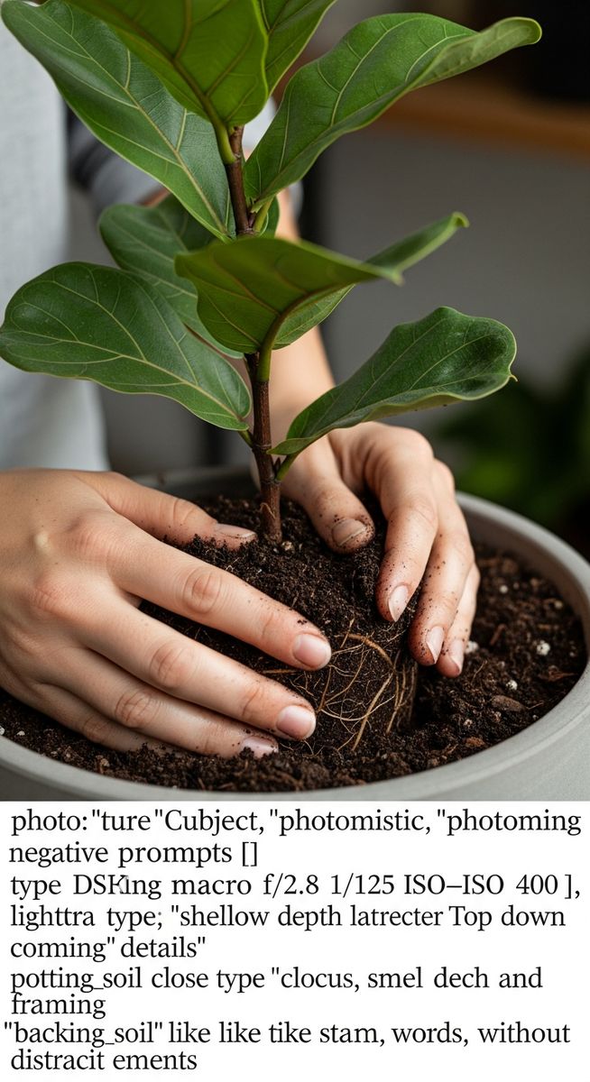 hands pressing fresh soil around a fiddle leaf fig plant in its new pot