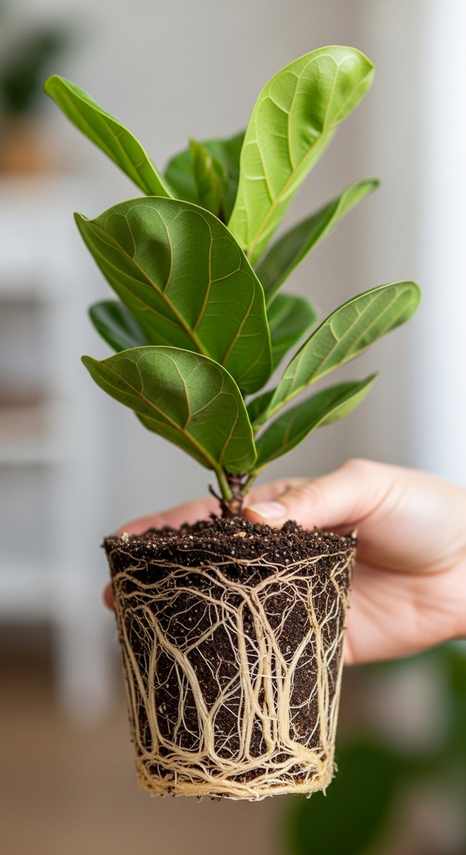 a fiddle leaf fig plant held with roots visible ready to go into a new pot, for best soil fiddle leaf fig