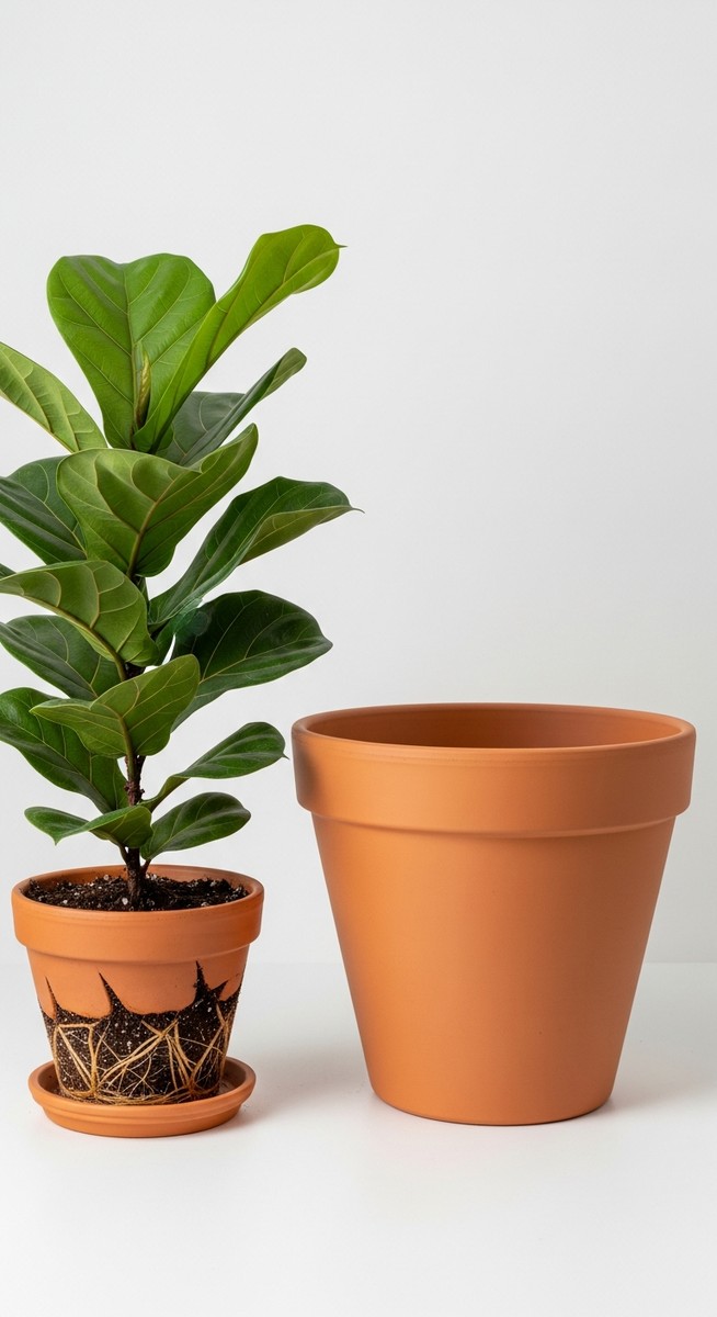 a fiddle leaf fig plant in a small pot beside a larger empty pot