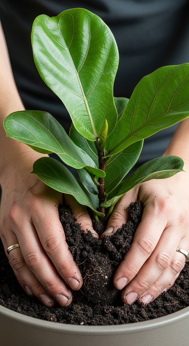 hands pressing fresh soil around a fiddle leaf fig plant in its new pot