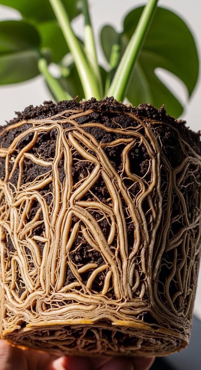 close-up of a monstera plant's root ball exposed after removing from its pot