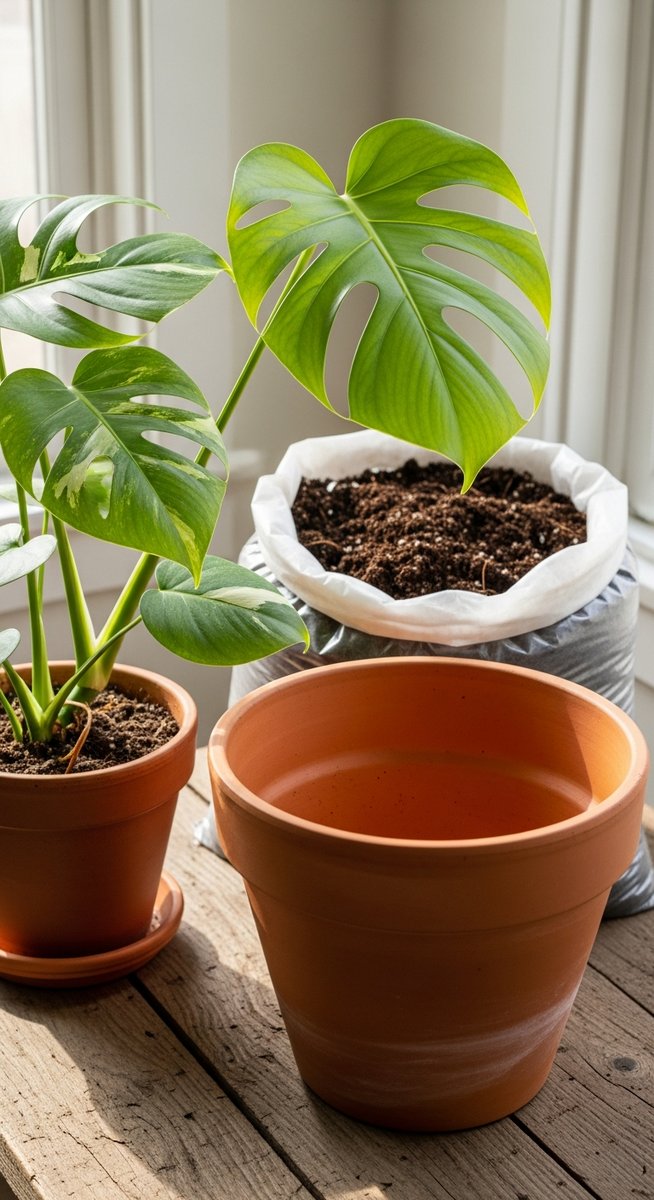 a monstera plant next to a larger pot and fresh potting soil ready to repot, for best soil for monstera