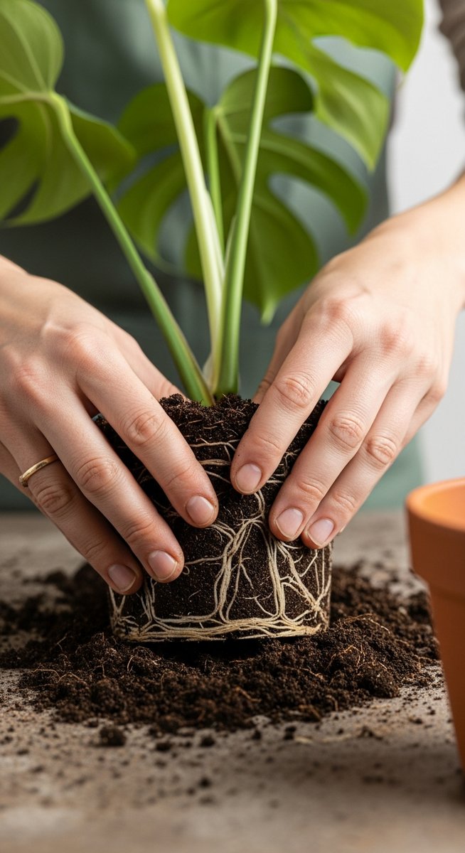hands loosening compacted soil around a monstera root ball