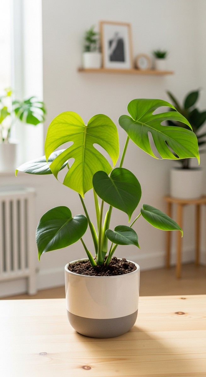 a freshly repotted monstera plant in a new pot with fresh soil, for best soil for monstera