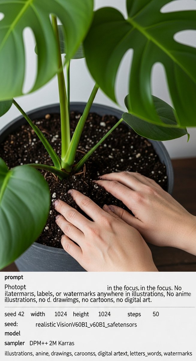 hands pressing fresh soil around a monstera plant in its new pot