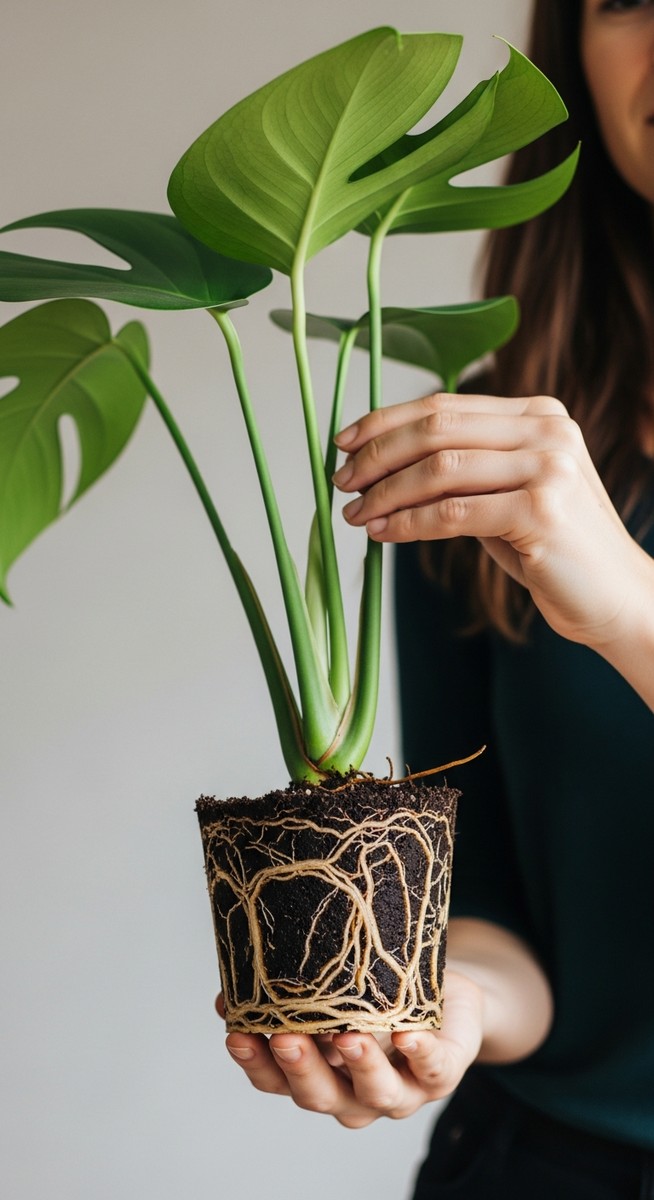 a monstera plant held with roots visible ready to go into a new pot, for best soil for monstera