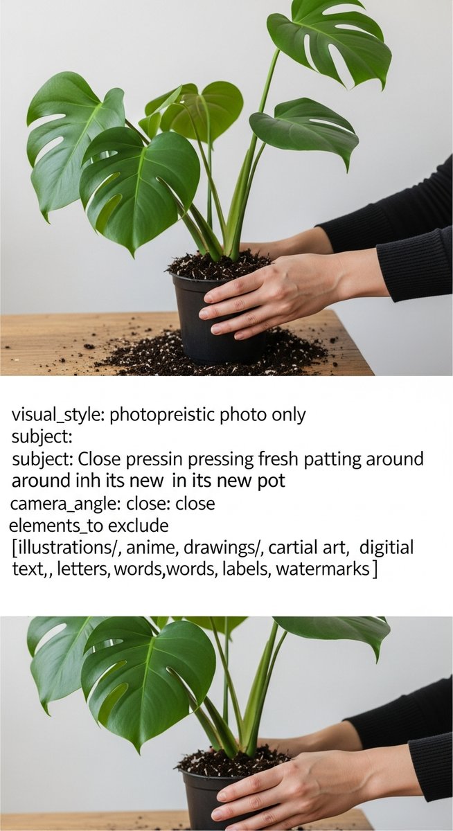 hands pressing fresh soil around a monstera plant in its new pot
