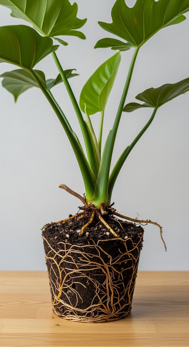 close-up of a philodendron plant's root ball exposed after removing from its pot