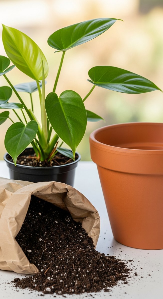 a philodendron plant next to a larger pot and fresh potting soil ready to repot, for best soil philodendron