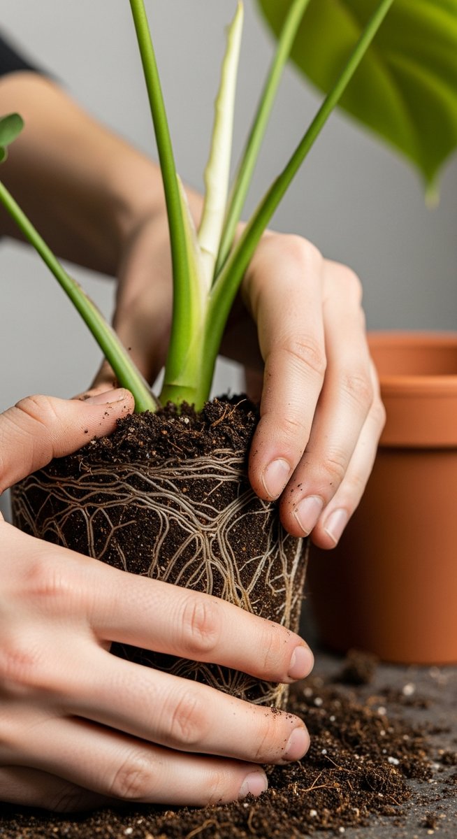 hands loosening compacted soil around a philodendron root ball