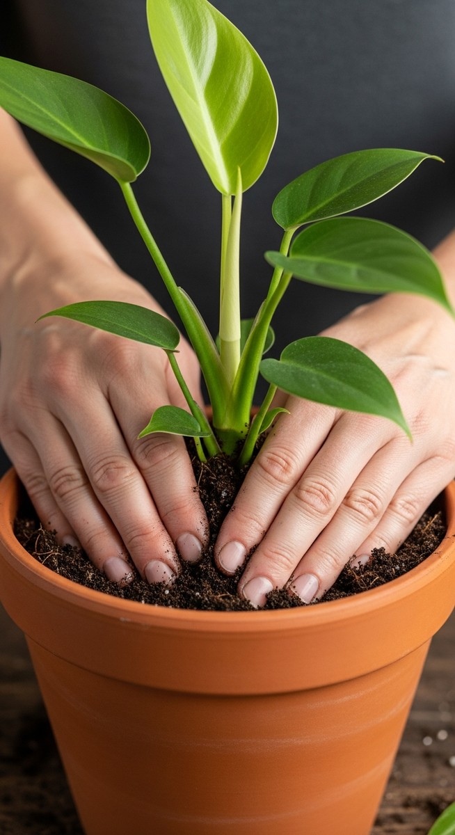 hands pressing fresh soil around a philodendron plant in its new pot