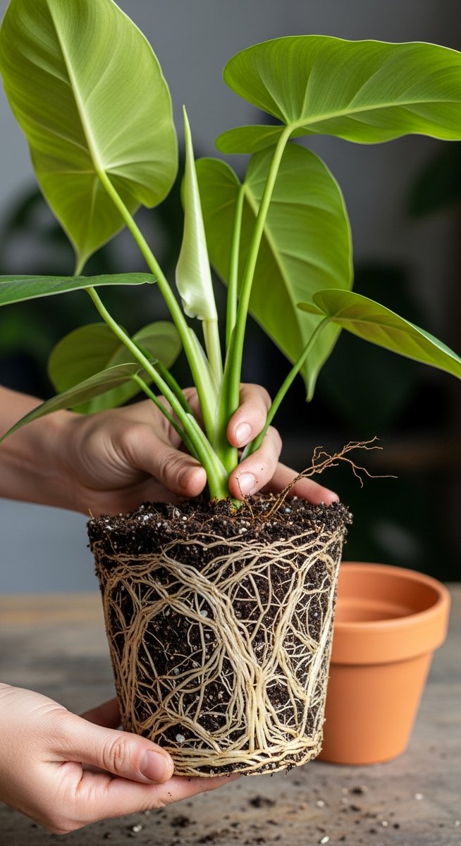 a philodendron plant held with roots visible ready to go into a new pot, for best soil philodendron