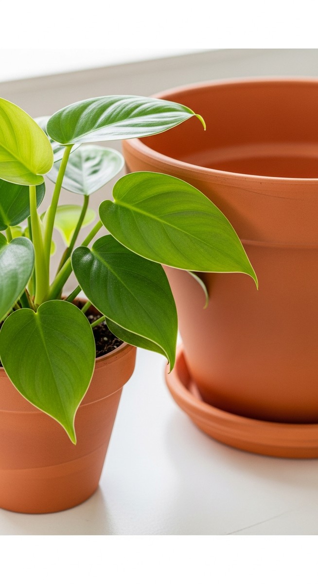 a philodendron plant in a small pot beside a larger empty pot