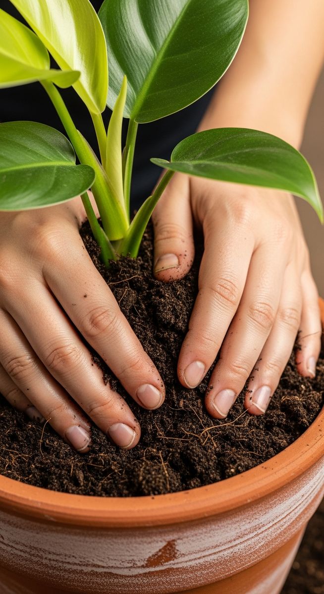 hands pressing fresh soil around a philodendron plant in its new pot