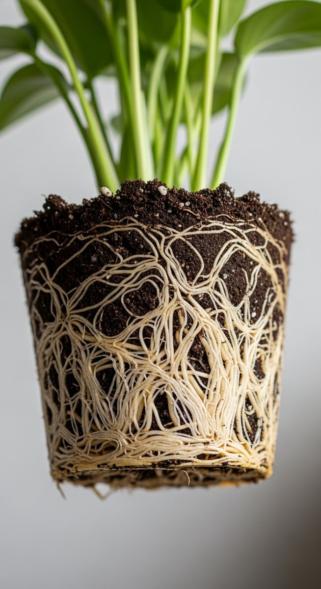 close-up of a pothos plant's root ball exposed after removing from its pot