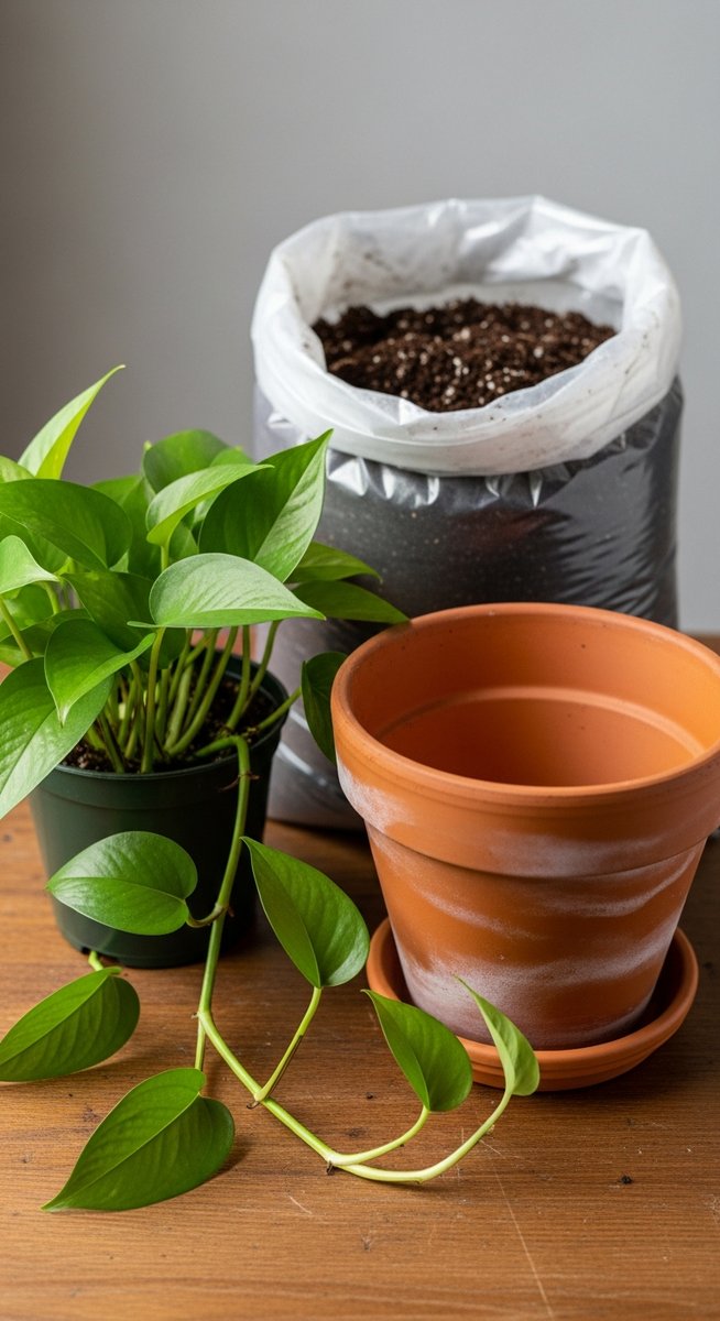 a pothos plant next to a larger pot and fresh potting soil ready to repot, for best soil pothos