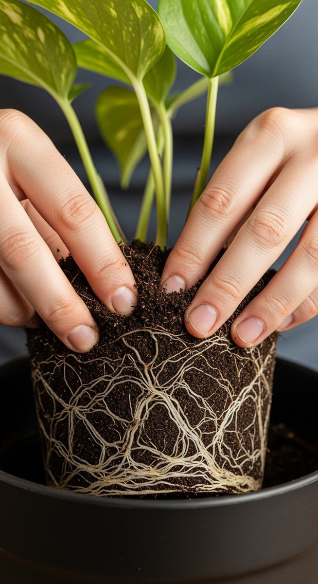 hands loosening compacted soil around a pothos root ball