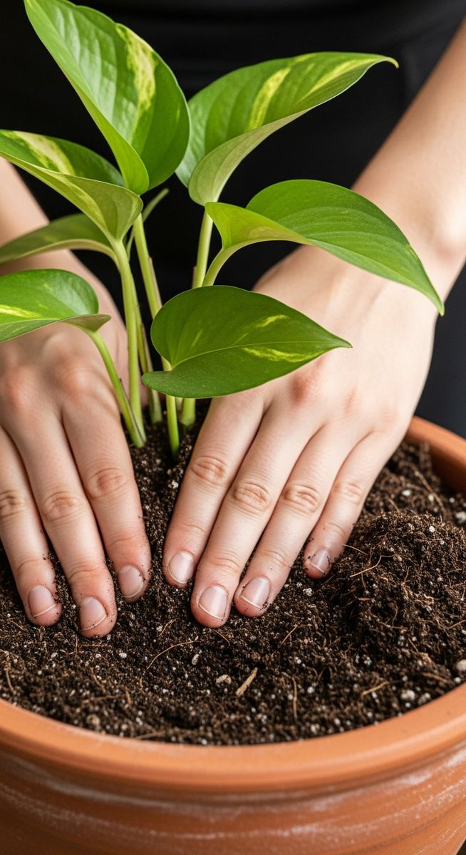 hands pressing fresh soil around a pothos plant in its new pot