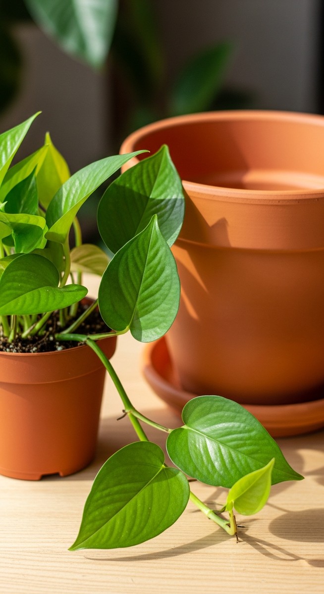 a pothos plant in a small pot beside a larger empty pot