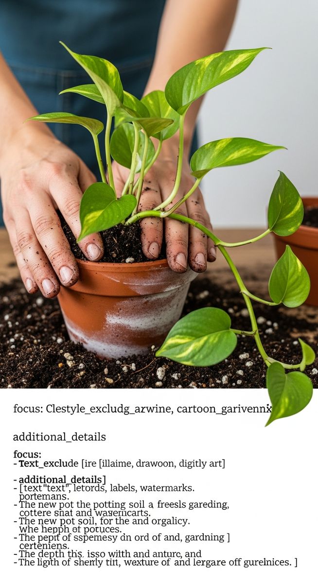 hands pressing fresh soil around a pothos plant in its new pot