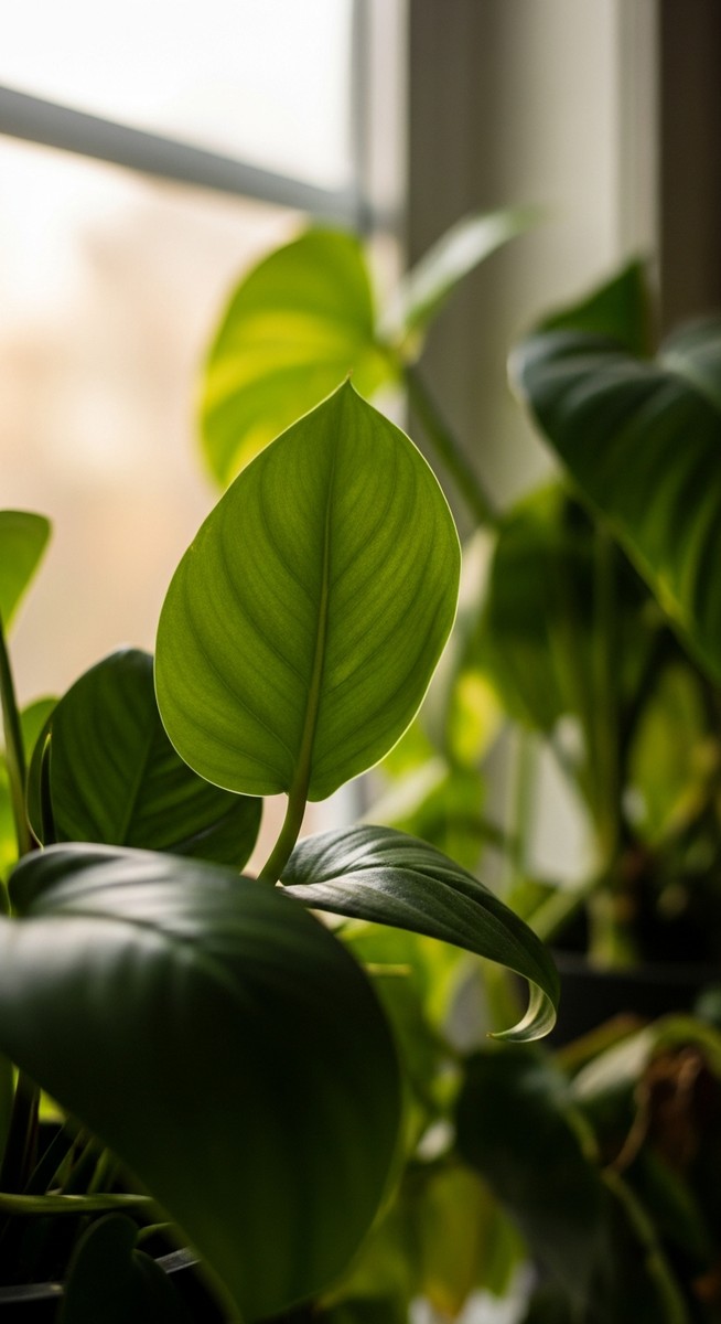 close-up of houseplants on a windowsill leaves looking lush in a west-facing window with warm afternoon sunlight