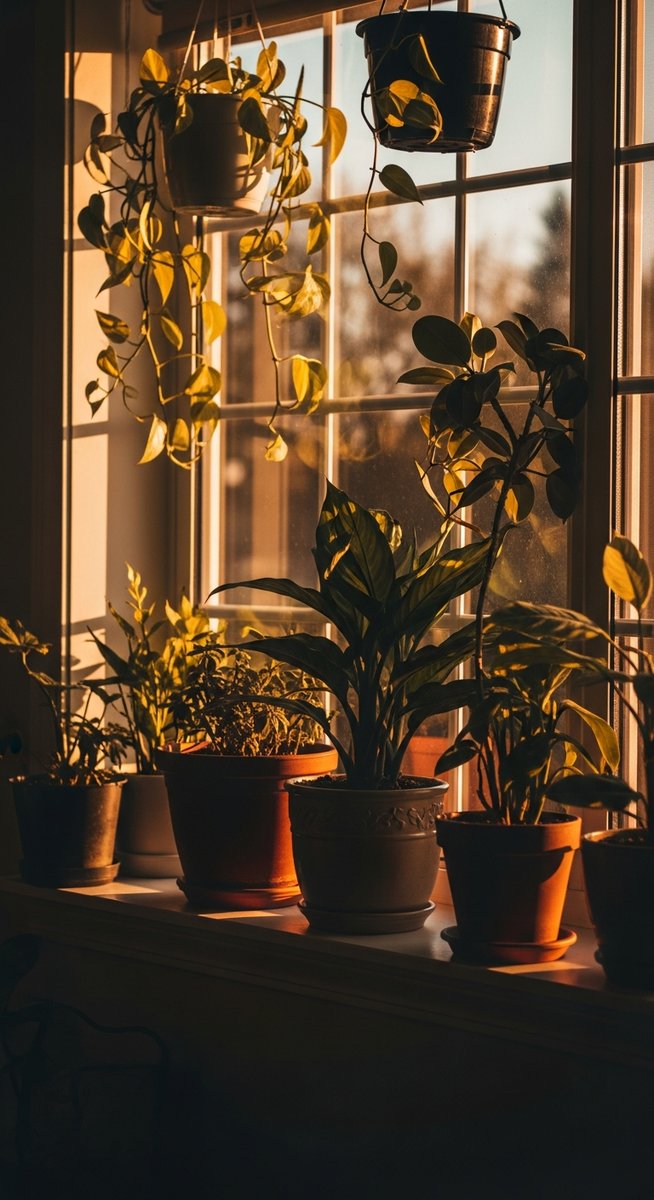 wide shot of a houseplants on a windowsill positioned in a west-facing window with warm afternoon sunlight