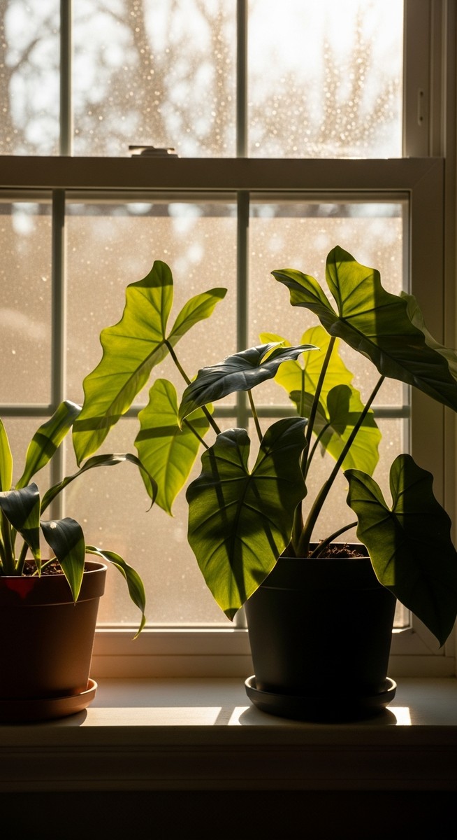 a houseplants on a windowsill with its leaves oriented toward the light in a west-facing window with warm afternoon sunlight