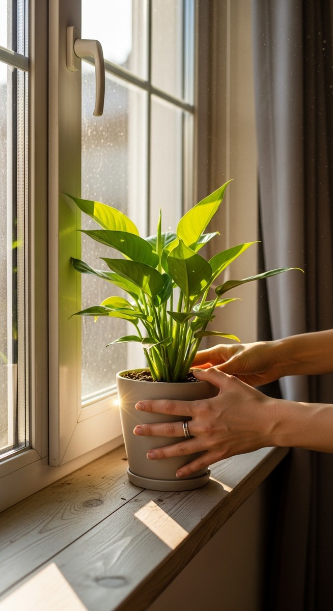 a person placing a houseplants on a windowsill in the ideal spot in a west-facing window with warm afternoon sunlight, for best west facing window plants