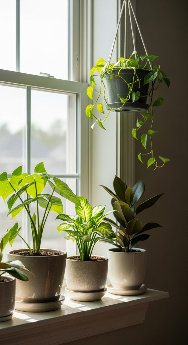 a houseplants on a windowsill in the brightest spot of a west-facing window with warm afternoon sunlight