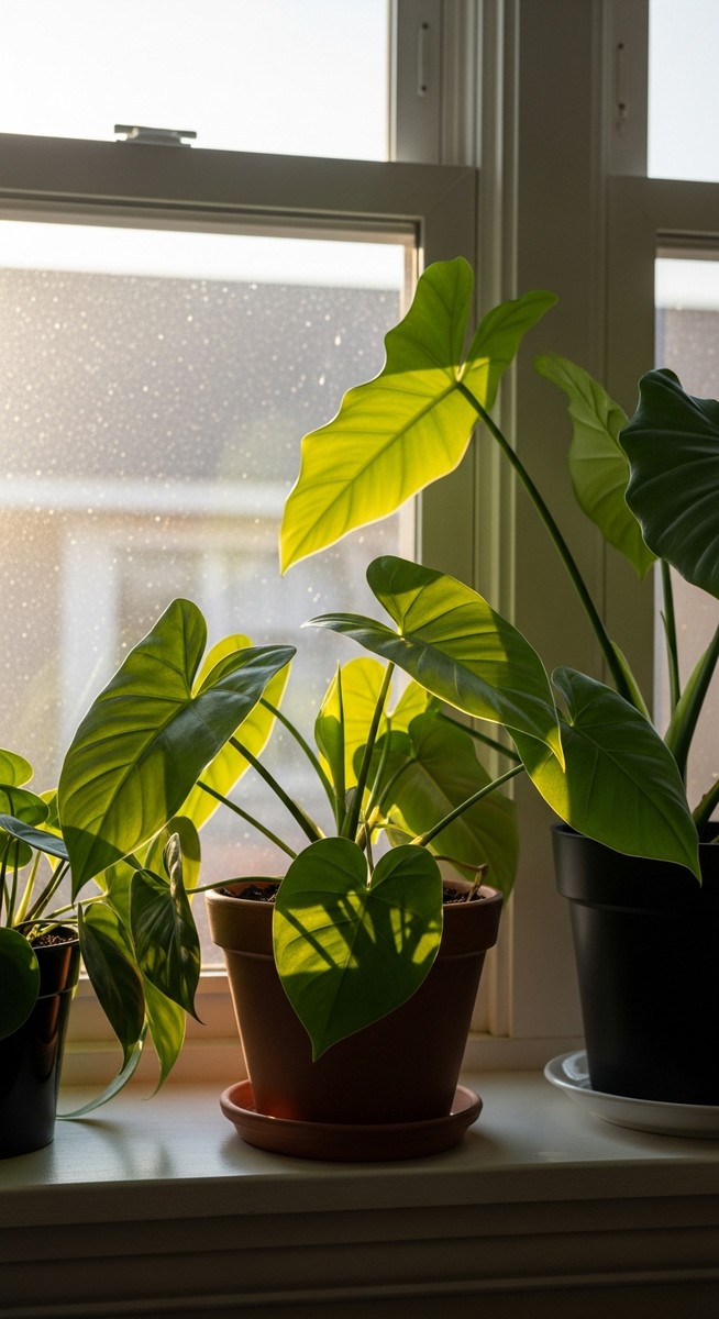 a houseplants on a windowsill with its leaves oriented toward the light in a west-facing window with warm afternoon sunlight