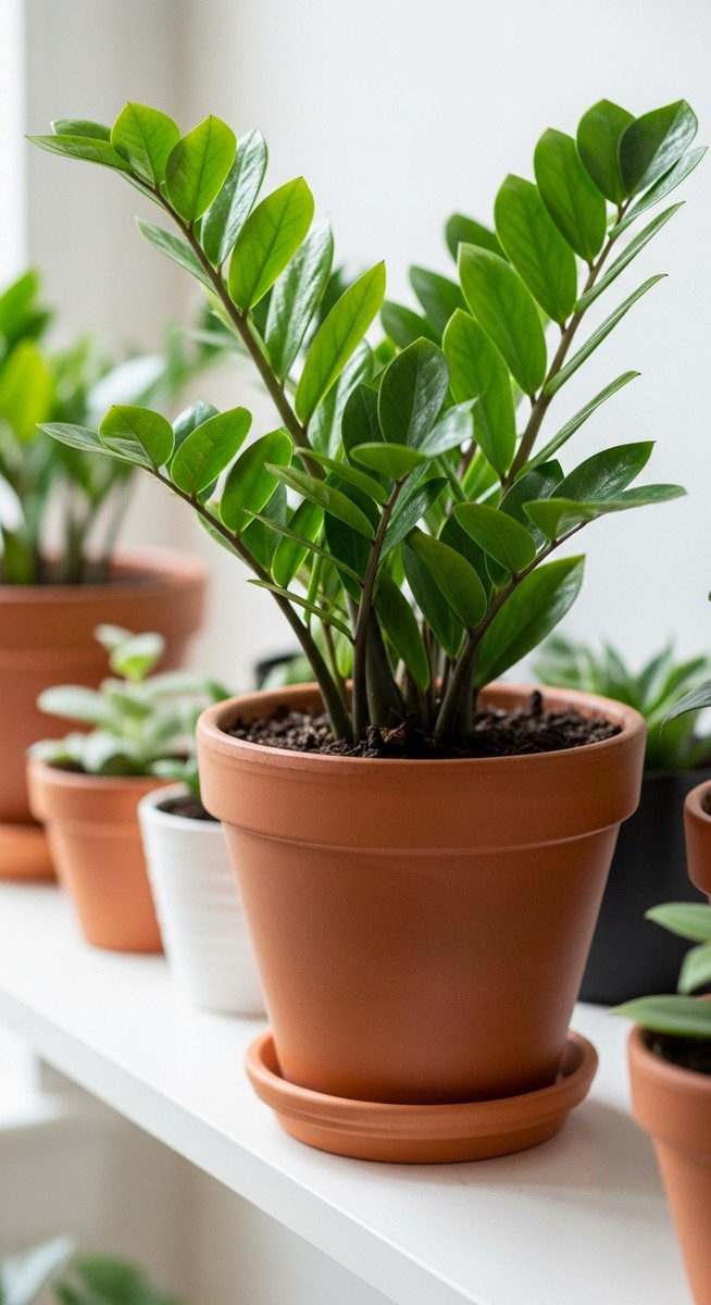 a lush zz plant plant in a terracotta pot on a white shelf
