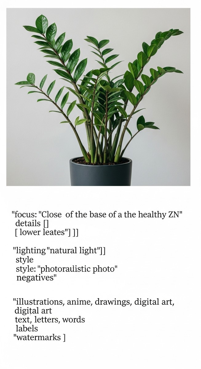 close-up of the base and lower leaves of a zz plant plant, for black raven zz plant
