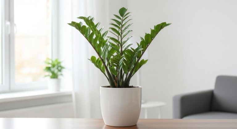 a healthy zz plant plant displayed in a bright modern living room, for black raven zz plant