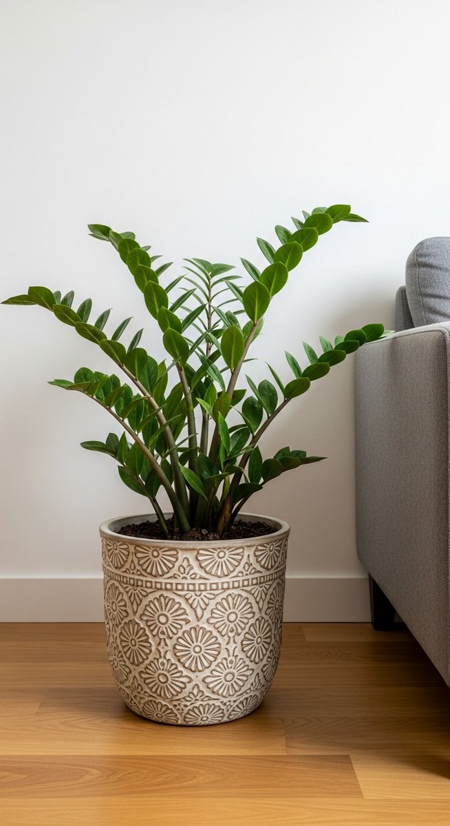 a zz plant plant in a decorative pot on a wooden floor