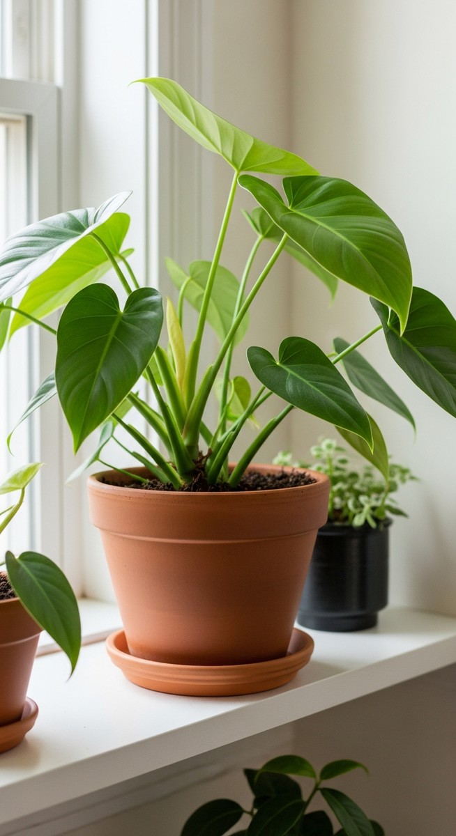 a lush philodendron plant in a terracotta pot on a white shelf