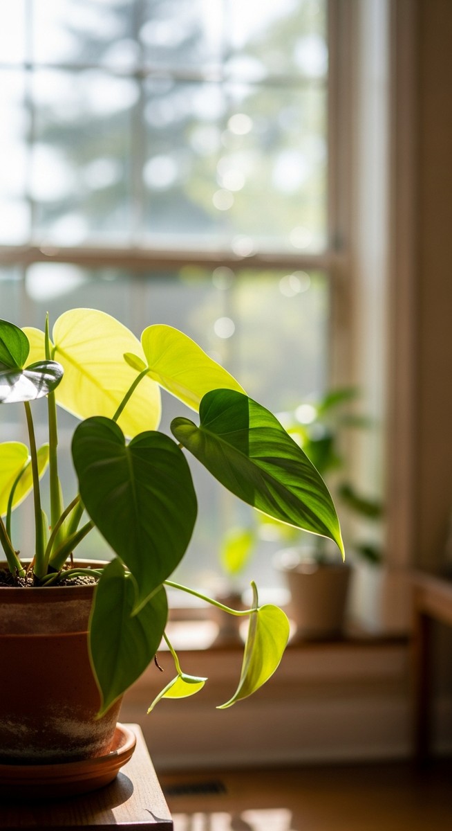 a philodendron plant in a pot near a bright window