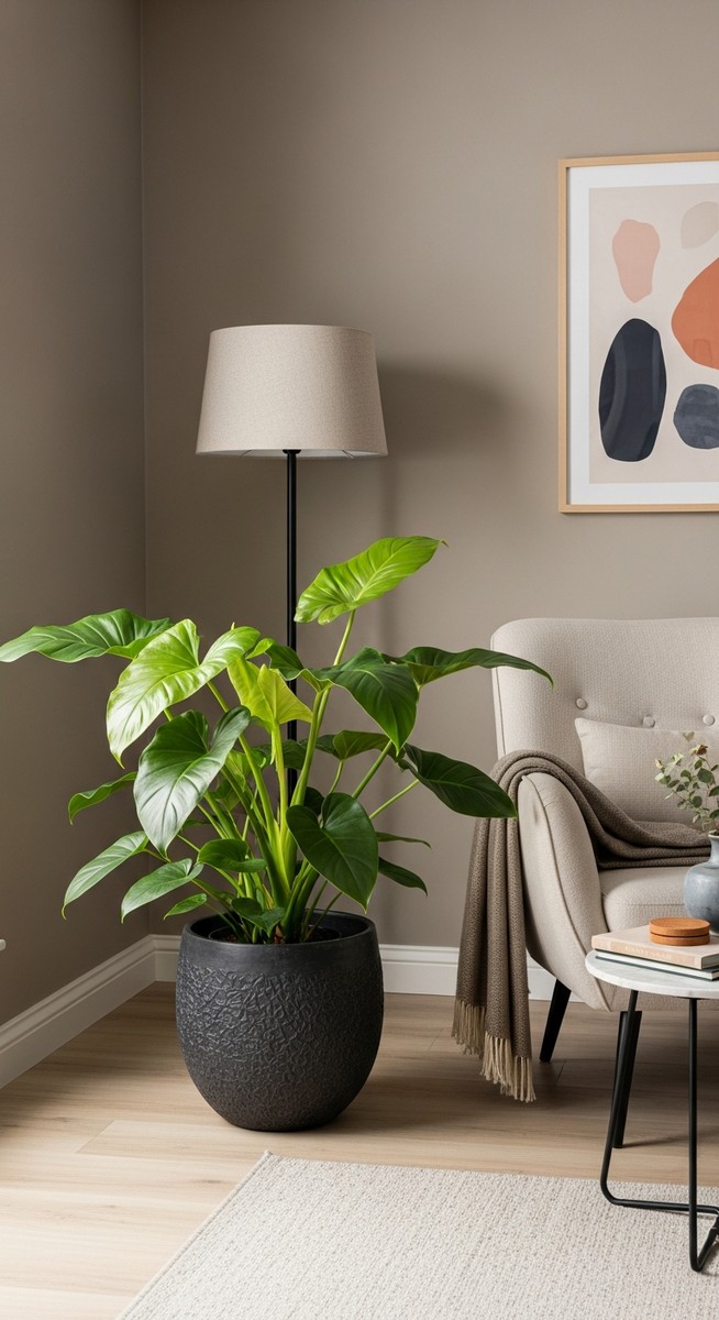 a large thriving philodendron plant as a living room focal point, for bloody mary philodendron