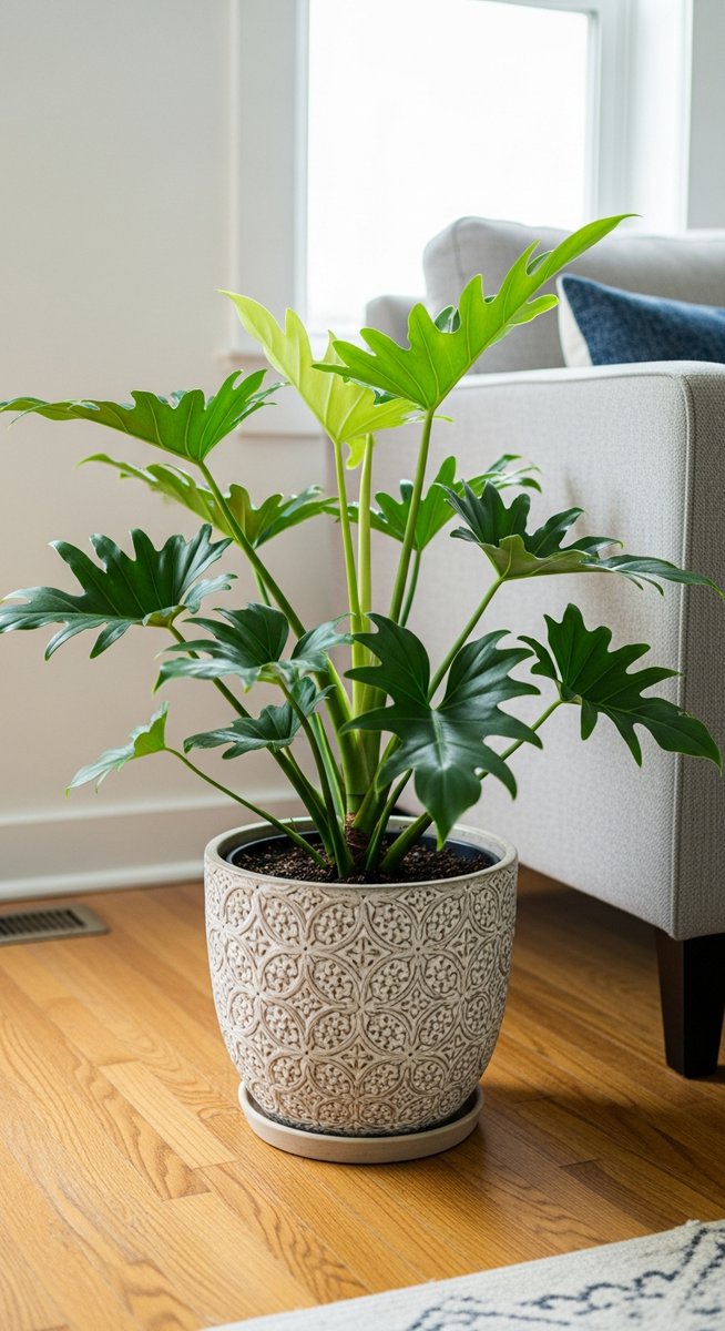 a philodendron plant in a decorative pot on a wooden floor