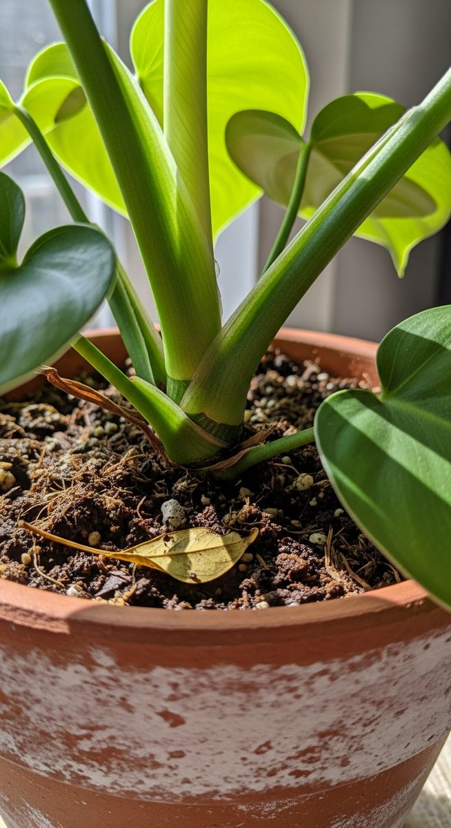 close-up of the base and lower leaves of a philodendron plant, for bloody mary philodendron