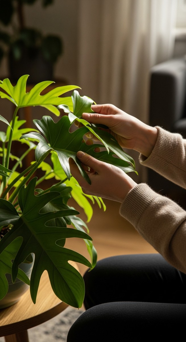 hands touching the leaves of a healthy philodendron plant