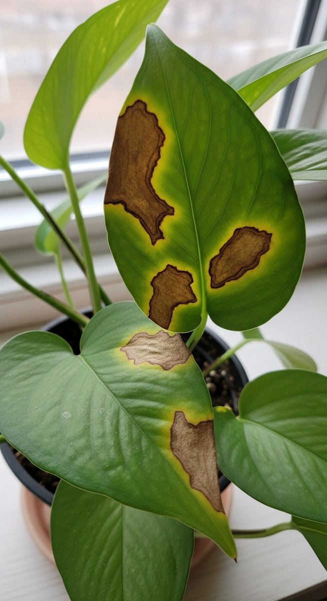 a pothos plant with several leaves showing brown spot damage