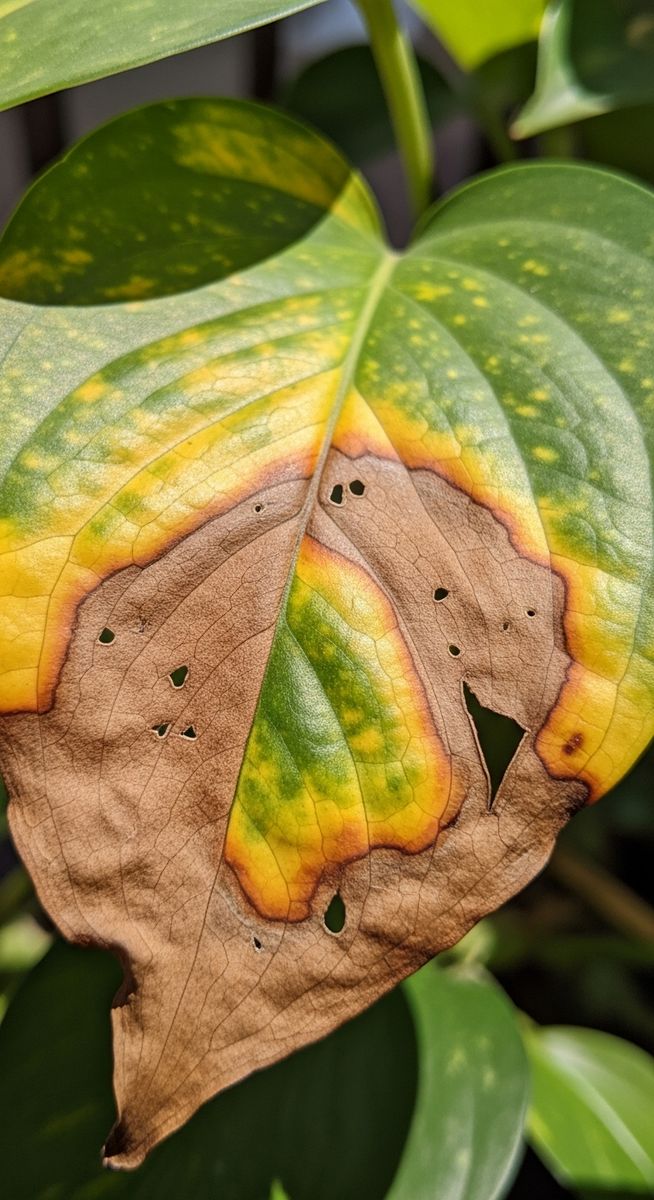 close-up of a single pothos leaf with brown spots and discolouration, for brown spots pothos