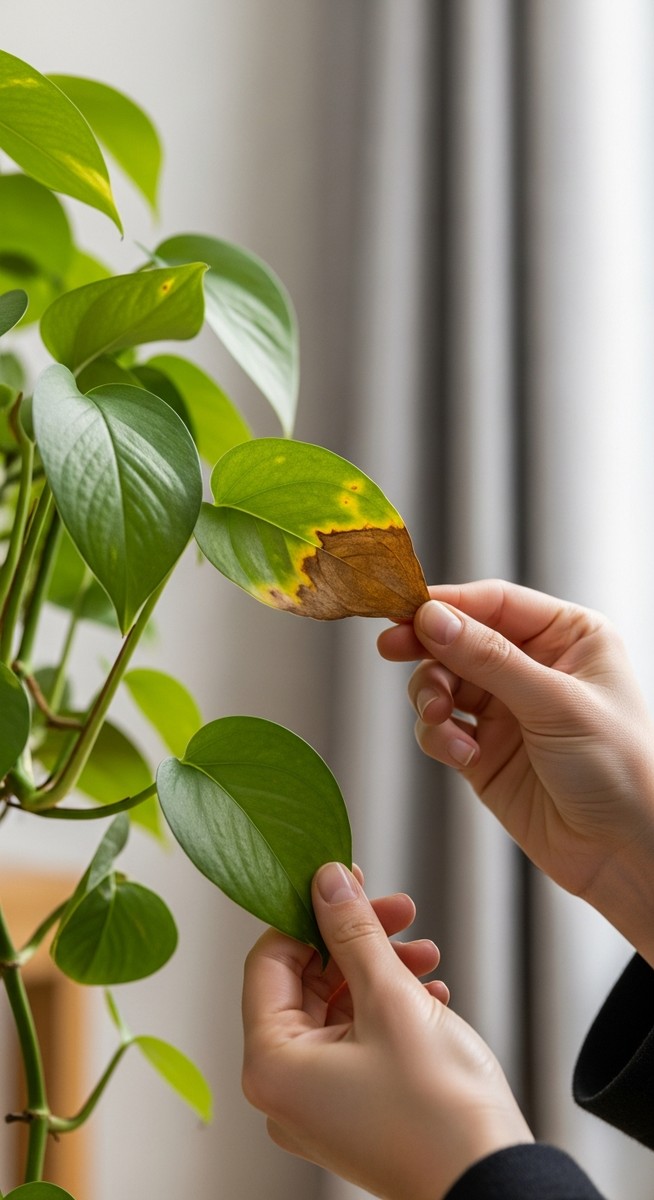 a person inspecting brown spots on a pothos leaf