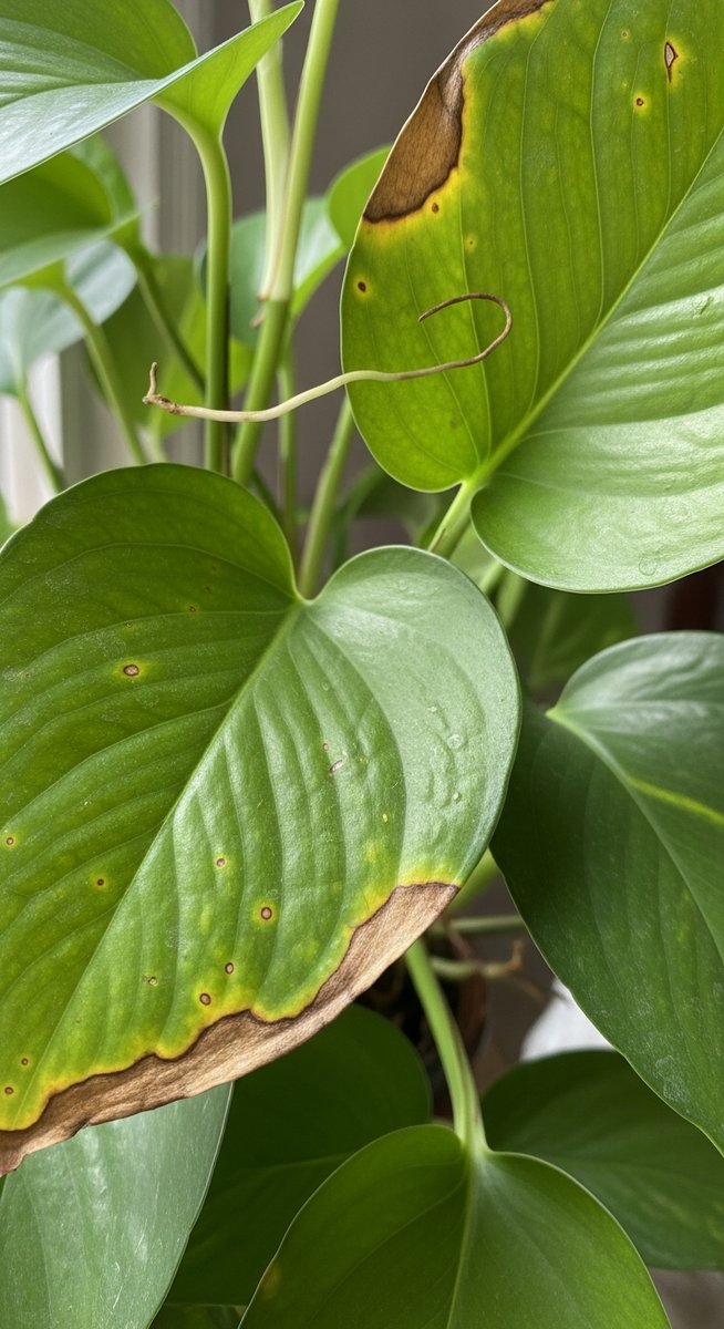 close-up of pothos leaves showing brown edges and spots, for brown spots pothos