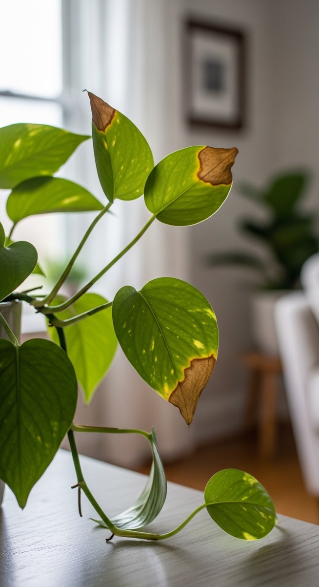 a pothos plant with brown spotted leaves in a home setting