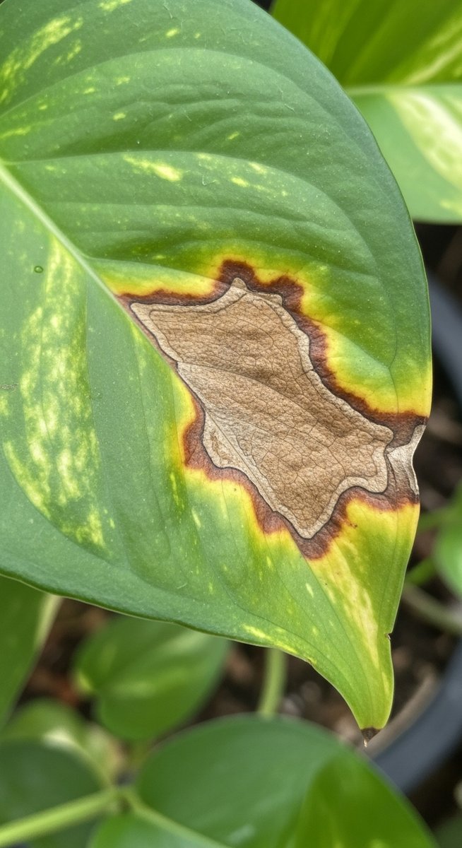 macro close-up of brown spot damage on a pothos leaf, for brown spots pothos